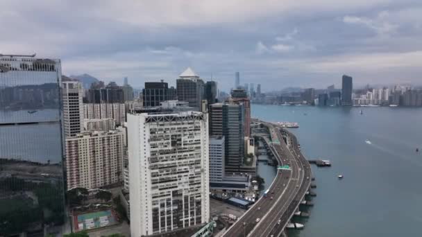 ビクトリアハーバー 香港のデイタイムパノラマ 空中ビュー — ストック動画