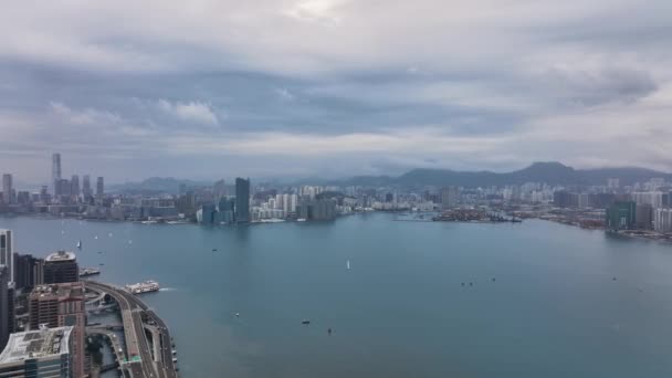 Victoria Harbour Daytime Panorama Hong Kong Aerial View — 图库视频影像