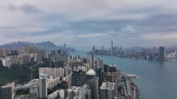 Victoria Harbour Daytime Panorama Hong Kong Aerial View — 图库视频影像