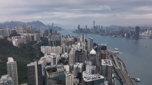 Victoria Harbour Daytime Panorama Hong Kong Aerial View — Stock Video