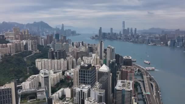 Victoria Harbour Panorama Van Hong Kong Overdag Uitzicht Lucht — Stockvideo