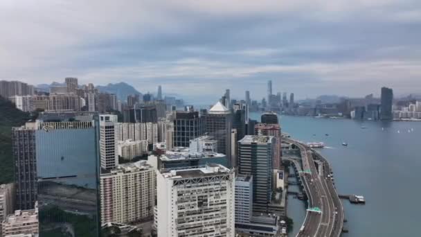 Victoria Harbour Panorama Dnia Hongkongu Widok Lotu Ptaka — Wideo stockowe