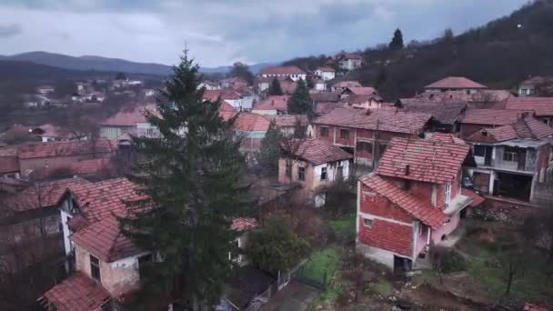 Tiled Roofs Houses Serbian Village Aerial View — Stockvideo