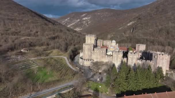 Monastery Manasia Despotovac Serbia Aerial View — Stockvideo