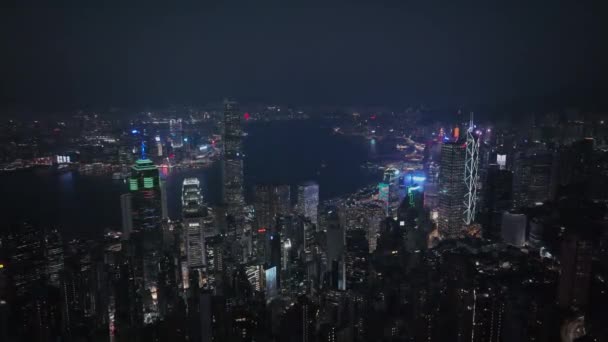 Panorama Notturno Tutta Hong Kong Illuminato Vista Aerea — Video Stock