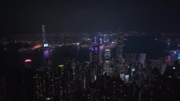 Nocna Panorama Całego Podświetlanego Hongkongu Widok Lotu Ptaka — Wideo stockowe