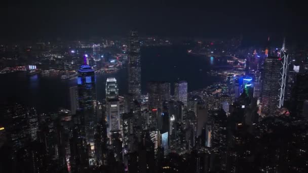 Panorama Notturno Tutta Hong Kong Illuminato Vista Aerea — Video Stock
