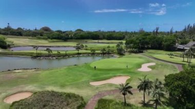 Golfçüler güneşli bir günde sahada oynarlar, Mauritius, hava manzarası