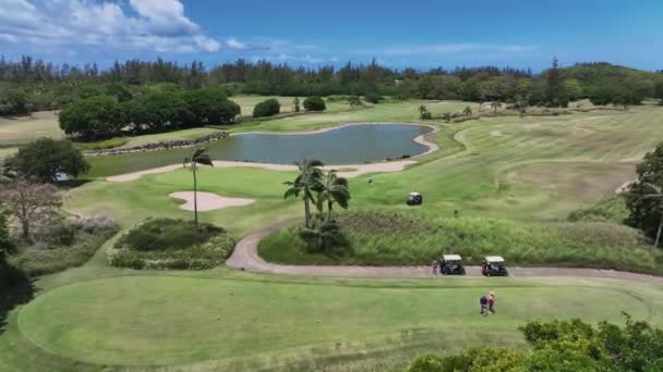 Golfçüler Güneşli Bir Günde Sahada Oynarlar Mauritius Hava Manzarası — Stok video