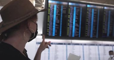 Maskeli Kız ve Şapkalı Kız havaalanındaki kalkış tahtasına bakıyor.