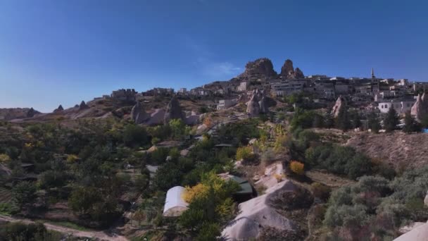 Den Antika Grottstaden Uchhisar Kappadokien Flygfoto — Stockvideo