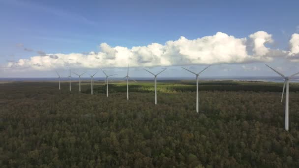 風力タービンは島でエネルギーを発生させます 空中ビュー — ストック動画