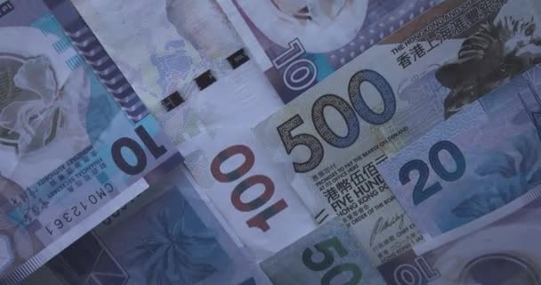 Банкноты Разной Стоимости Гонконгских Долларов Денежный Фон — стоковое видео