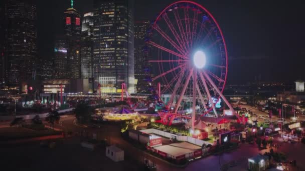 Ferris Wheel Center Colorful Hong Kong Night Aerial View — 비디오