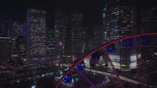 Riesenrad Zentrum Des Bunten Hongkong Bei Nacht Luftaufnahme — Stockvideo
