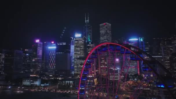 Ferris Wheel Center Barevné Hong Kong Noci Letecké Zobrazení — Stock video