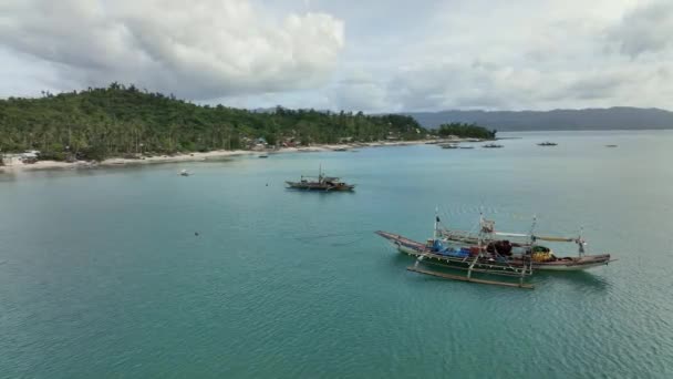 Traditional Boats Filipino Fishermen Coast Palawan Aerial View — Stock Video