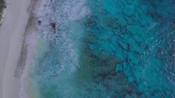 塞舌尔天堂海滩上的岩石和波浪 空中风景 — 图库视频影像