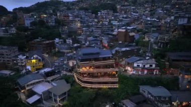 Tayvan 'da Gece Panoraması Parlayan Jiufen, Hava Görüntüsü