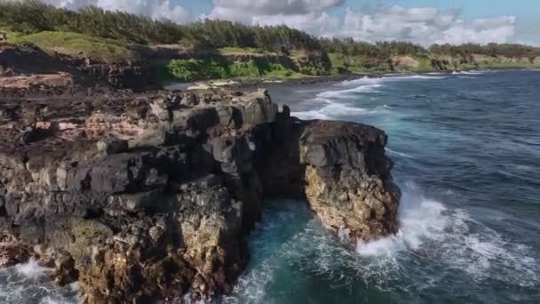 モーリシャス島の波があるロッキー海岸 空中ビュー — ストック動画