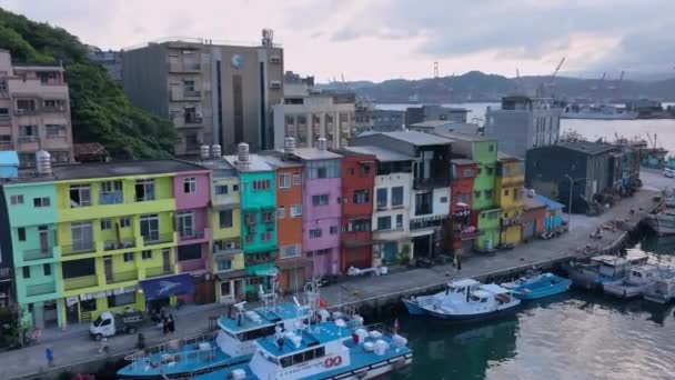 Kolorowe Domy Zhengbin Port Tajwanie Widok Lotu Ptaka — Wideo stockowe