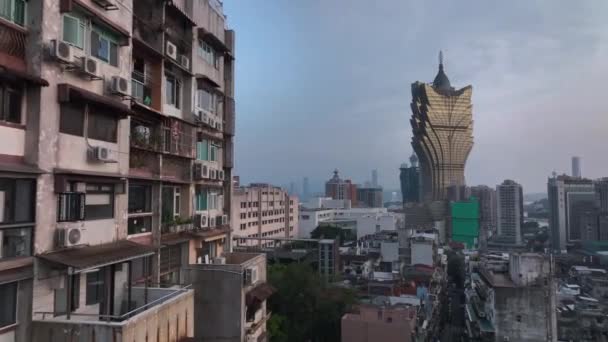 Gamla Bostadshus Bakgrunden Modern Macau Kina Antenn Panorama — Stockvideo