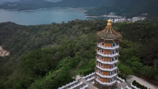 Pagoda Solen Månen Lake Taiwan Flygfoto — Stockvideo