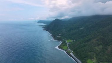 Tayvan adasının vahşi yeşil kıyısı, hava manzaralı.