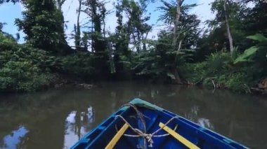 Hint nehri boyunca yelken açan bir tekne, Dominica 'nın Tropikleri