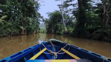 Hint nehri boyunca yelken açan bir tekne, Dominica 'nın Tropikleri