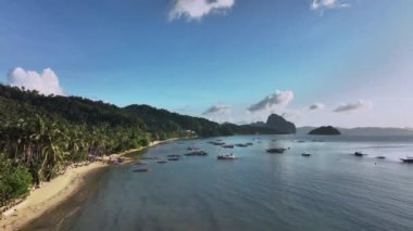 Filipinli Tekneler El Nido 'nun Yeşil Koyu, Hava Manzarası, Filipin
