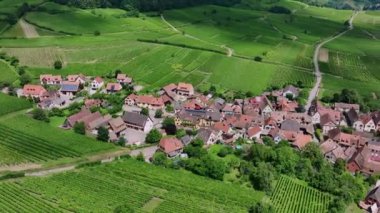 Hunawihr Fransız Köyü Üzüm bağları Arasında, Alsace Eyaleti, Hava Manzarası