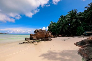 Huzurlu bir kumsalda beyaz kum ve yemyeşil palmiye ağaçları ve sakin sularla çevrili etkileyici kaya oluşumları bulunur..