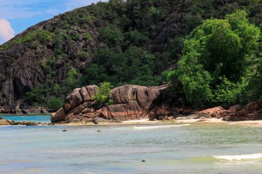 Praslin Adası 'nın sakin kıyı şeridi parlak gökyüzünün altında çarpıcı kayalar ve canlı yeşillikler barındırır..