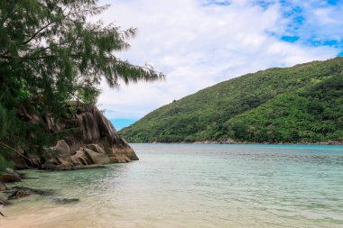 Ziyaretçiler, yeşil tepeler ve açık gökyüzüyle çevrili büyüleyici turkuaz sularla Seyşeller 'de sakin bir plajın keyfini çıkarıyorlar..