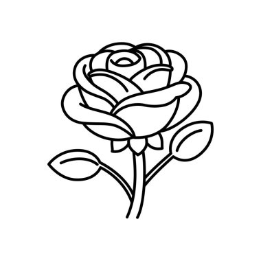 Zarif çizgili bir çiçek ikonu. Detaylı taç yaprakları ve yaprakları olan el çizimi bir resim. Romantik tasarımlar, botanik projeler, dövmeler ve düğün dekorasyonu için mükemmel.
