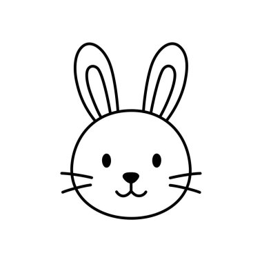 Basit çizgi sanatı ve neşeli bir karakteri olan sevimli, mutlu tavşan kafası çizimi çocuk tasarımları, neşeli temaları ve ilkbahar projeleri için ideal.