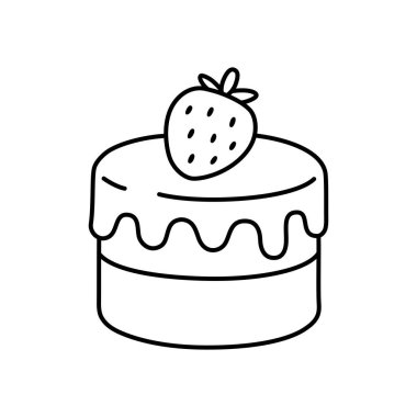 Çilekli kek siyah taslak sanat, üzeri krema ve dutlu yuvarlak tatlı, fırın markalaşması için mükemmel, şekerci dükkanı grafikleri, pasta menüsü, ve tatlı yemek temalı çizimler