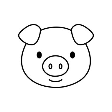 Yüzünde gülen bir çiftlik hayvanı kafası olan şirin bir domuz çizgi filmi çizimi, mutlu domuz burunlu bir karakterin minimalist çizgisi, memelilerin domuz suratını tasvir eden bir domuz burnu.