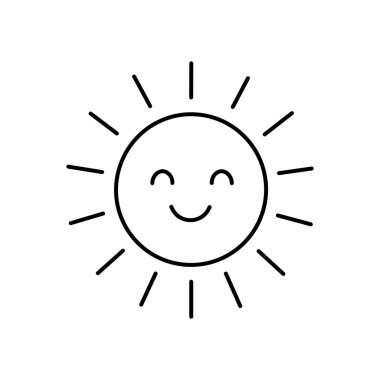 Neşeli bir gülüşü olan mutlu güneş ikonu, temiz vektör çizgisi sanatında basit bir grafik çizimi olarak sunulur, yaz havasını ve pozitif enerjiyi sembolize eder.