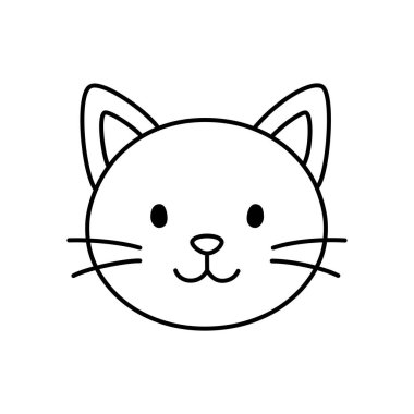 Minimalist çizimde anlatılan mutlu kedi kafası anlamlı yüz hatlarıyla tasarım için çizilmiş grafik sanatında sakin ve dost canlısı bir kedi karakteri yakalıyor.