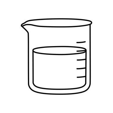 Çok yönlü bir laboratuvar illüstrasyonunda temiz sıvı içeren deney şişesi, kimyasal deneyler ve eğitim araştırmaları için gerekli bilimsel cam eşyalar ile hassasiyeti ve keşfi sembolize eder.