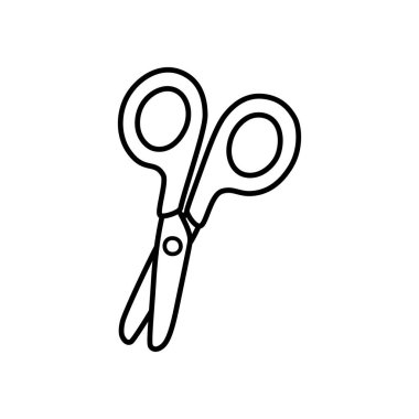 Minimalist çizgi sanat tarzında yuvarlak uçlu güvenlik makası, çocuk el işleri, saç kesimi ve ofis malzemeleri için tasarlanmış zarif bir taslak ikonu sunar..