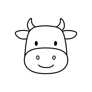 Mutlu bir gülümseme ile çizgi film ineği kafası, sıcak ve neşe dolu neşeli bir çiftlik yaratığını gösteren basit bir vektör çiziminde dost bir sığır yüzünü tasvir eden sevimli bir hayvan çizimi.