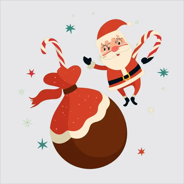 Bir çanta dolusu hediyeyle gece gökyüzünde uçan mutlu Noel Baba 'nın taşıyıcısı. Arkasında yıldızlar parlayan sihirli Noel atmosferi. Tebrik kartları ve tatil promosyon malzemeleri için harika..