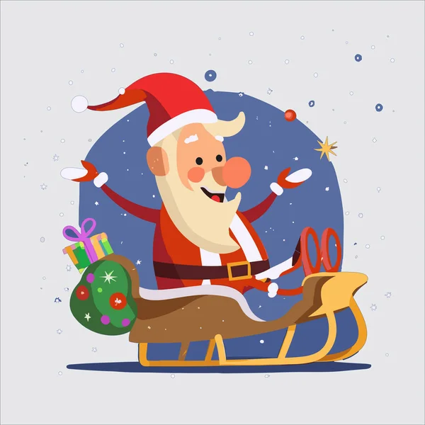 Bir çanta dolusu hediyeyle gece gökyüzünde uçan mutlu Noel Baba 'nın taşıyıcısı. Arkasında yıldızlar parlayan sihirli Noel atmosferi. Tebrik kartları ve tatil promosyon malzemeleri için harika..