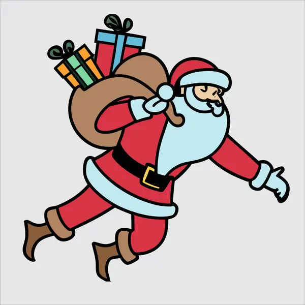 Bir çanta dolusu hediyeyle gece gökyüzünde uçan mutlu Noel Baba 'nın taşıyıcısı. Arkasında yıldızlar parlayan sihirli Noel atmosferi. Tebrik kartları ve tatil promosyon malzemeleri için harika..