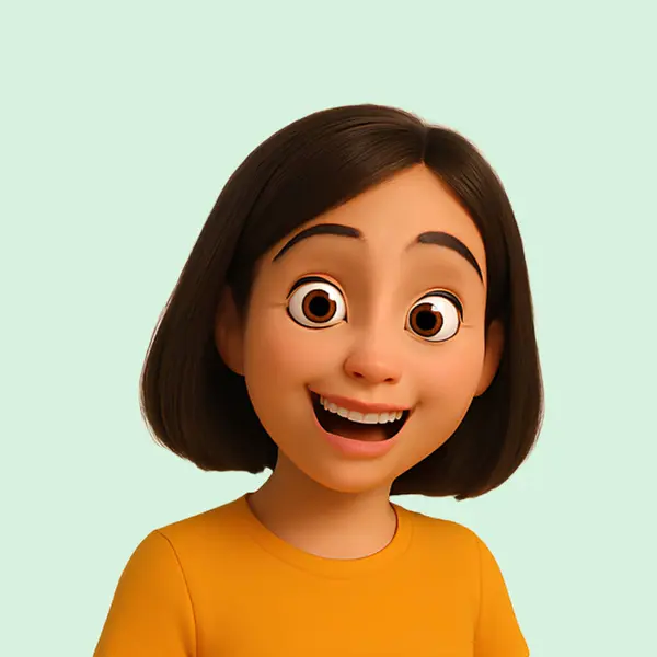 Neşeli, üç boyutlu, geniş gözlü, açık bir gülümsemesi olan, neşe ve heyecanı ifade eden bir çizgi film kızı. Mutluluk, kutlama, iyi haber ya da çocuksu merak temaları için mükemmel..