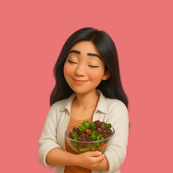 Bu resimde elinde bir kase salata tutan bir kişinin beş farklı pozu var. Kişi turuncu bir gömleğin üzerine açık renkli bir hırka giyiyor..