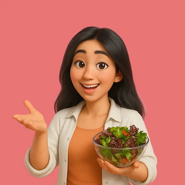 Bu resimde elinde bir kase salata tutan bir kişinin beş farklı pozu var. Kişi turuncu bir gömleğin üzerine açık renkli bir hırka giyiyor..